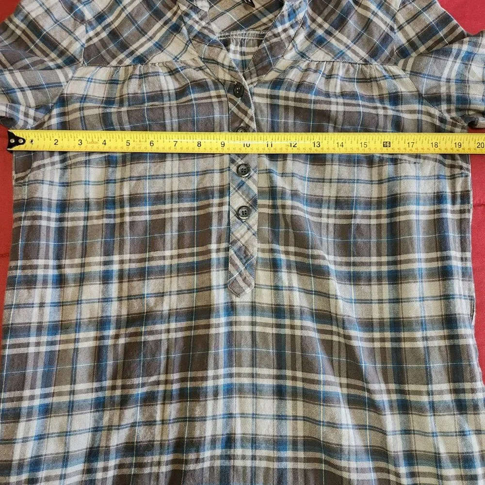 Mango MNG Plaid Tunic Shirt Dress Blue Gray Check 3/4 Sleeve Cotton Size Med - Picture 7 of 11